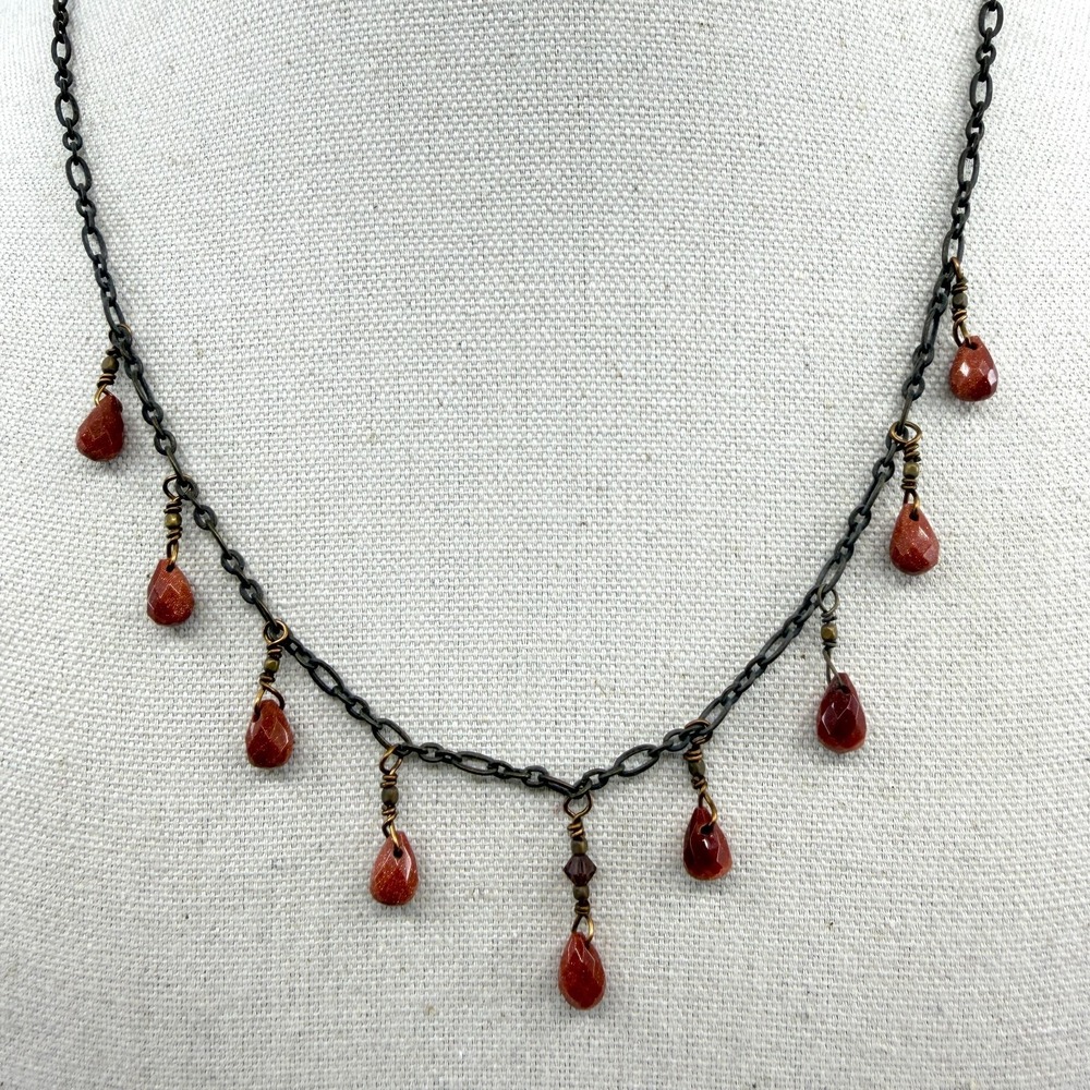 Goldstone Teardrop Dangle Necklace Dark Bronze Tone Chain Celestial Layering